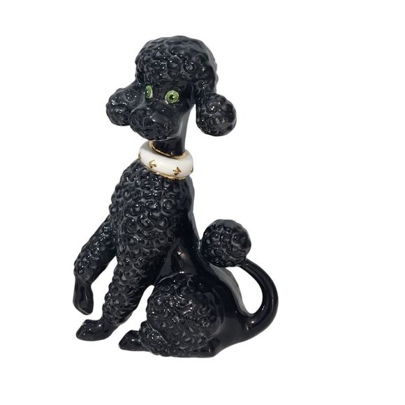 MCM Ceramic Poodle 10 Inch Black with White Gold Collar - Picture 1 of 9